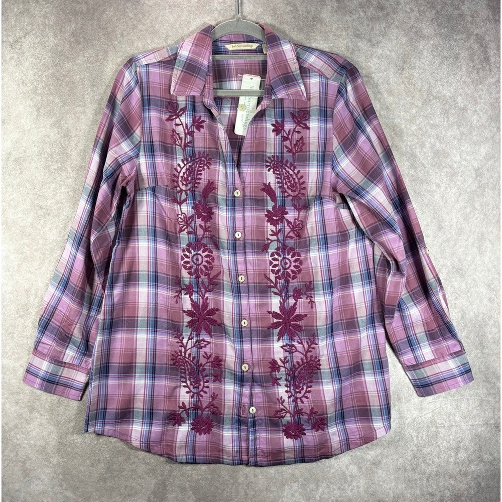 Soft Surroundings Button Up Shirt Womens Small Purple Plaid Embroidered Boho NEW